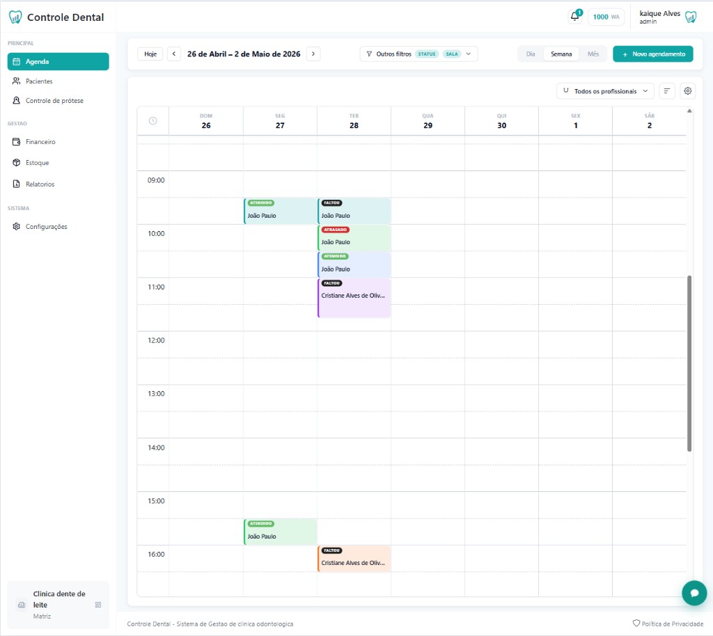 Agenda semanal do software odontológico Controle Dental com consultas e status dos pacientes